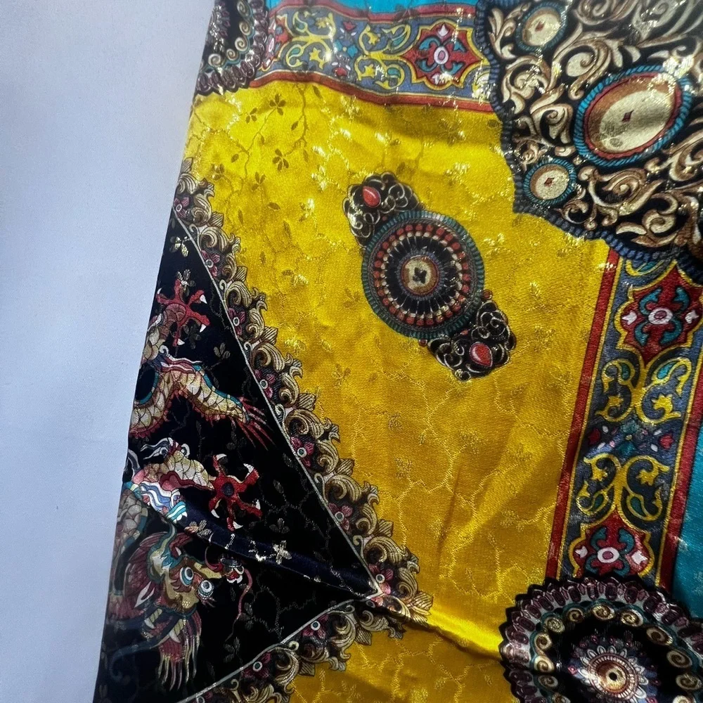 Vintage 34” Silk Scarf Ornate Medallion Baroque Print Yellow Teal Large Square